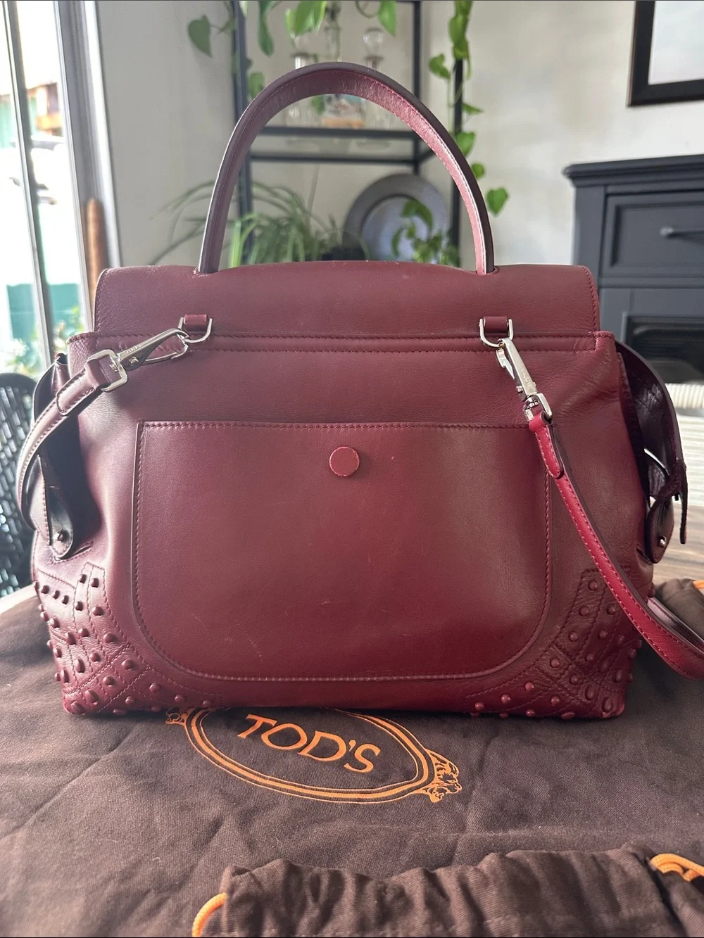 Tod's Deep Red Leather Satchel with Studded Trim